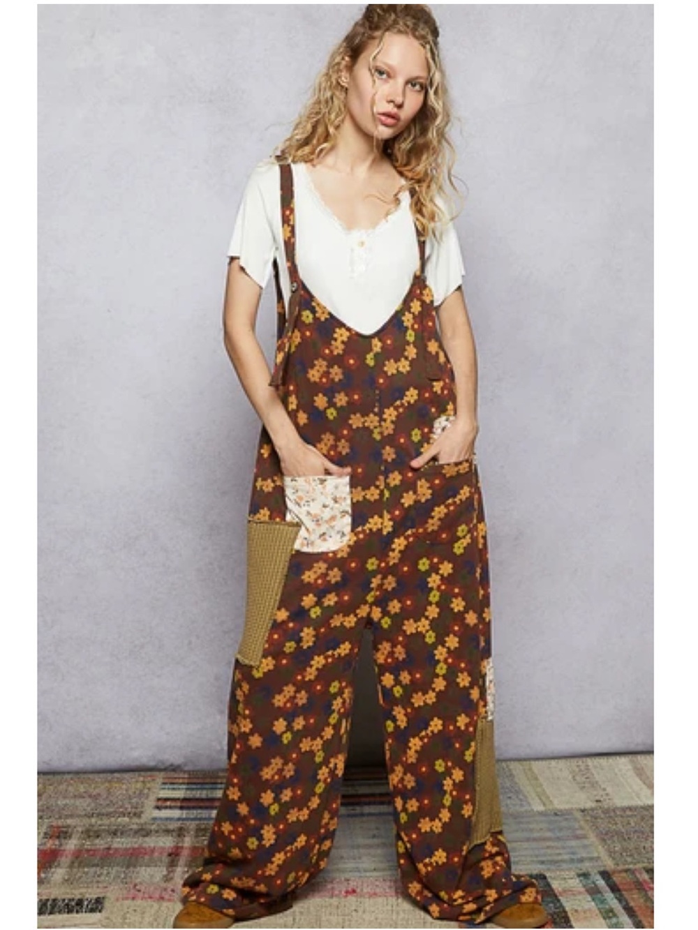 New: POL “Floral Patch” Boho Floral Mixed Patchwork Wide Leg Overalls• Small
